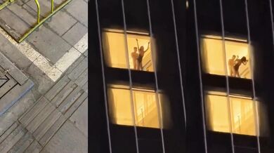 今日热瓜！海城希尔顿酒店_男女落地窗前啪啪被楼下吃瓜群众录视频！完整版